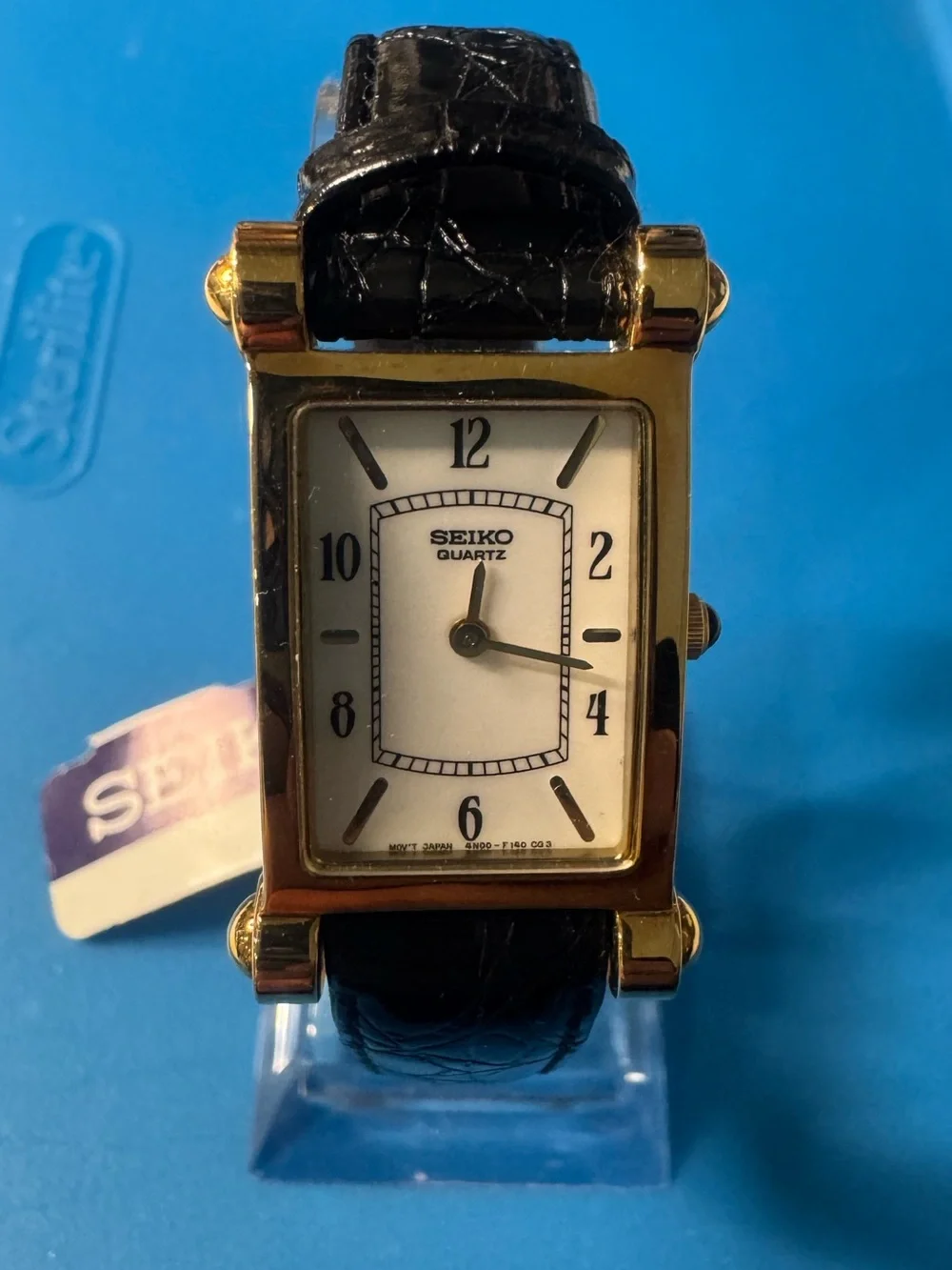 Seiko Gold-Tone Rectangular Quartz Watch with Black Strap